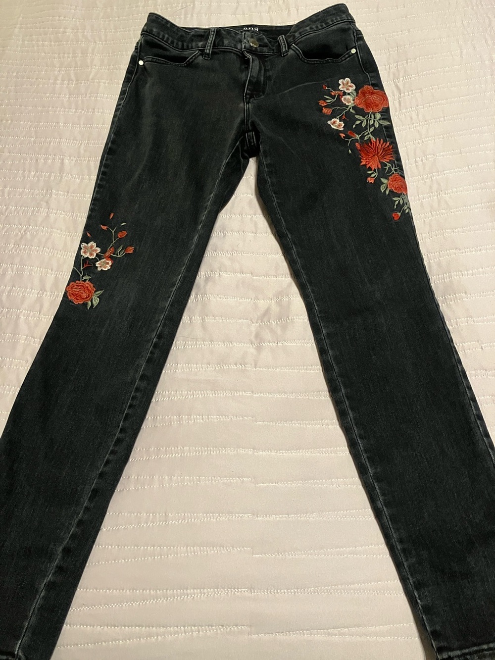a.n.a Black Skinny Jeans with Red Floral Embroidery